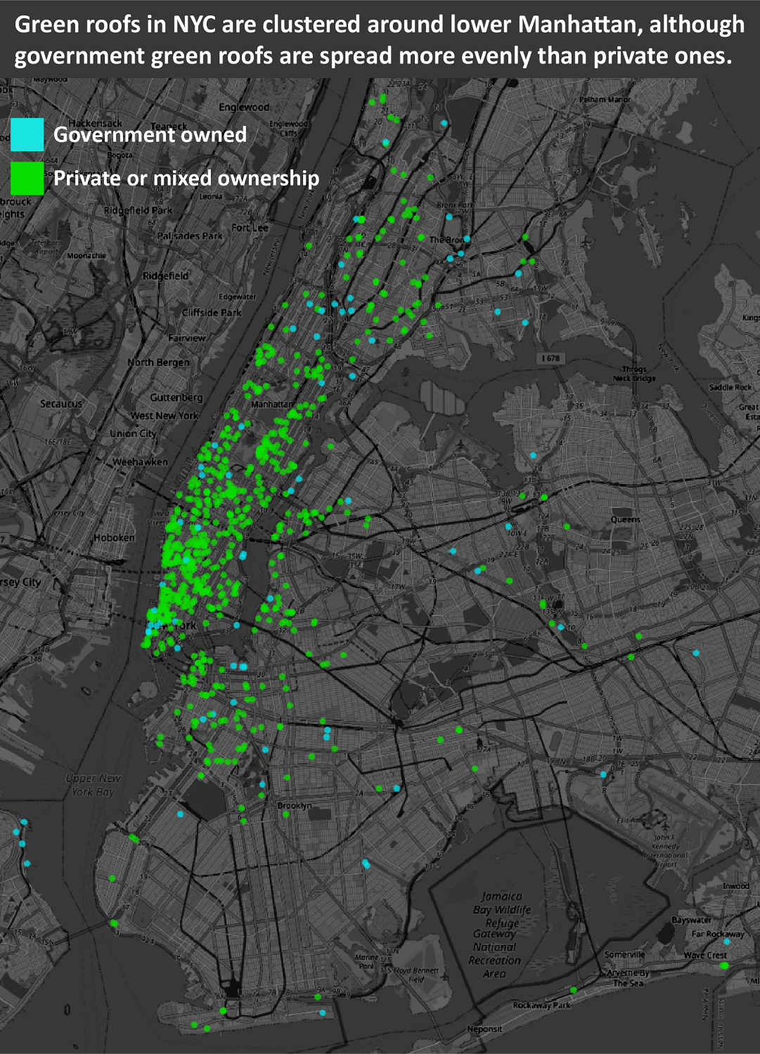 A map showing private green roofs clustering in Manhattan.
